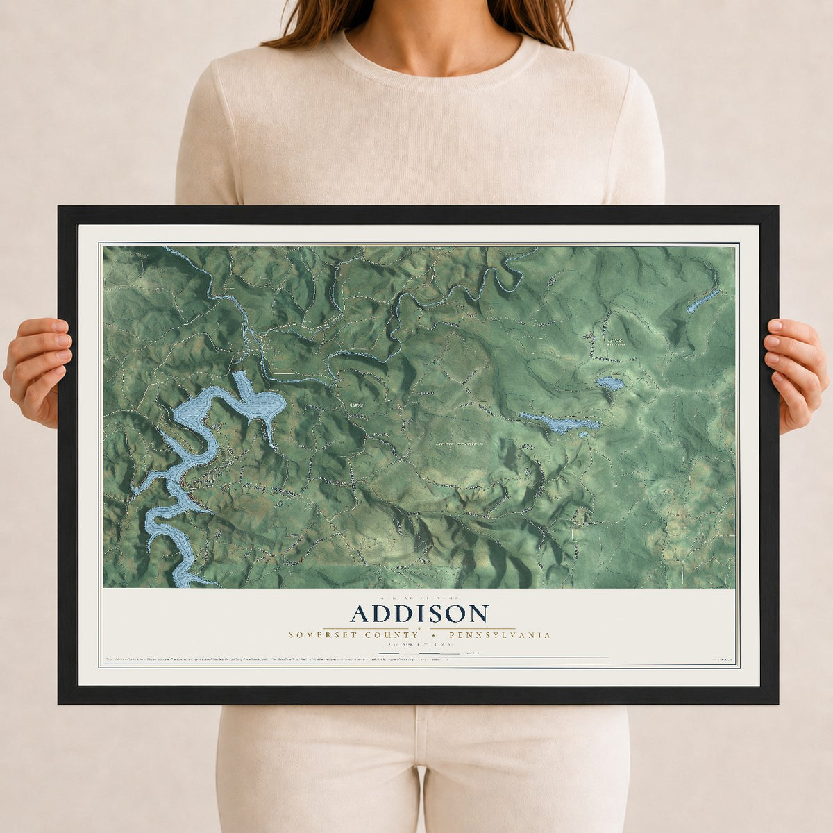 Map of Addison, Somerset County, Pennsylvania, 12 x 18 inch print in a black wood frame
