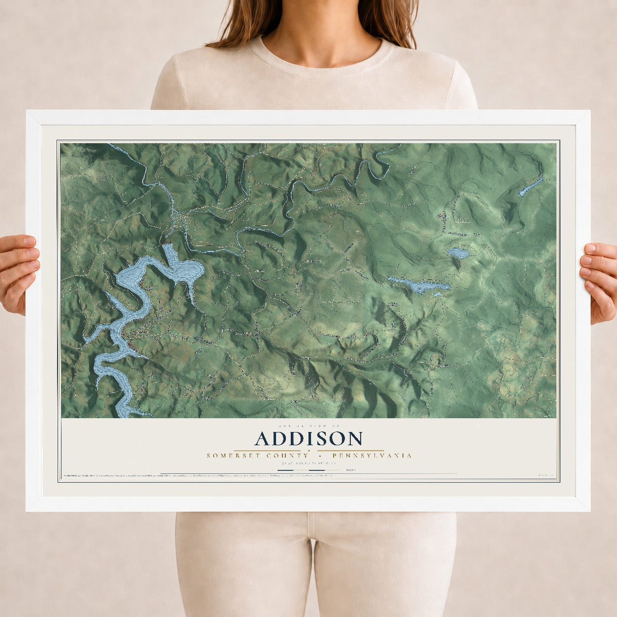 Map of Addison, Somerset County, Pennsylvania, 18 x 24 inch print in a white wood frame