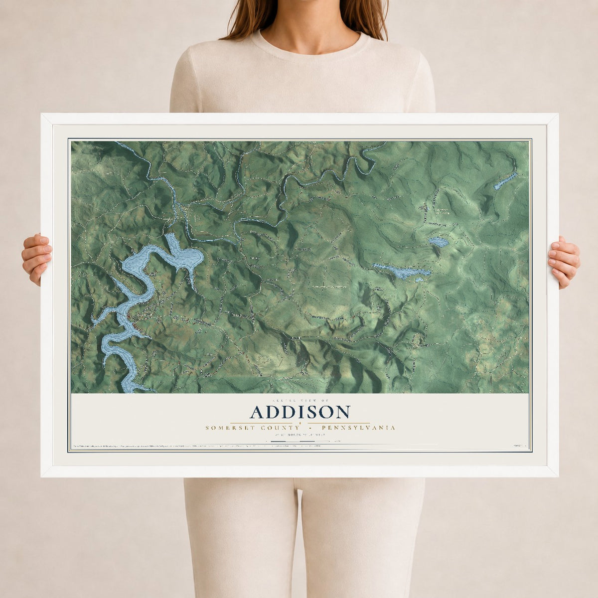 Map of Addison, Somerset County, Pennsylvania, 24 x 36 inch print in a white wood frame