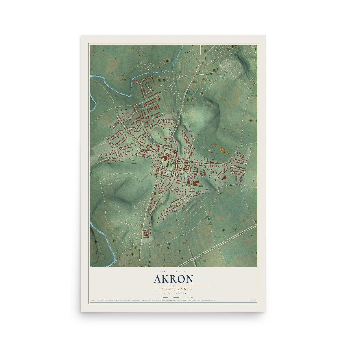 Map of Akron, Pennsylvania, 12 x 18 inch unframed archival matte print