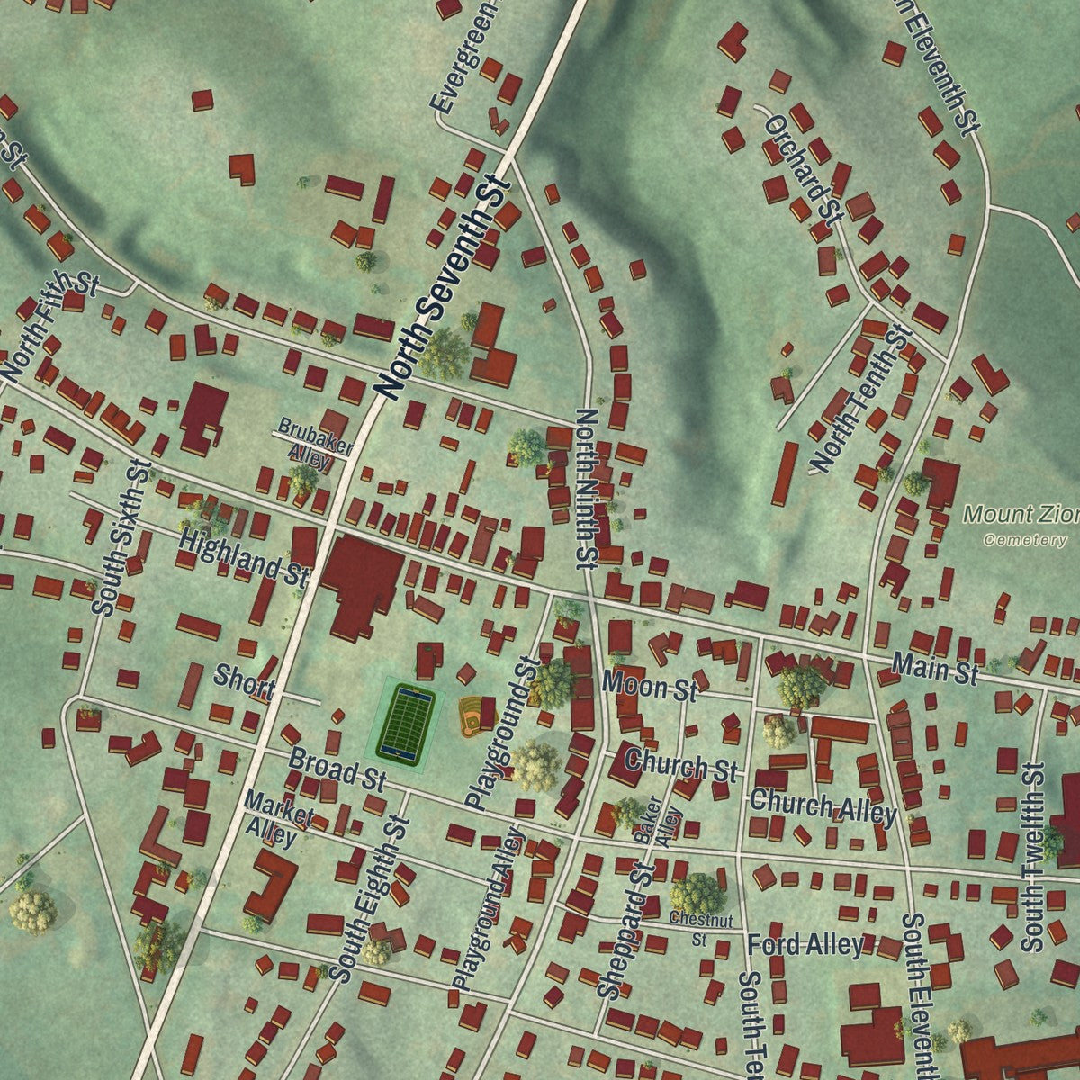Close-up of the map of Akron, Pennsylvania print showing street and building detail