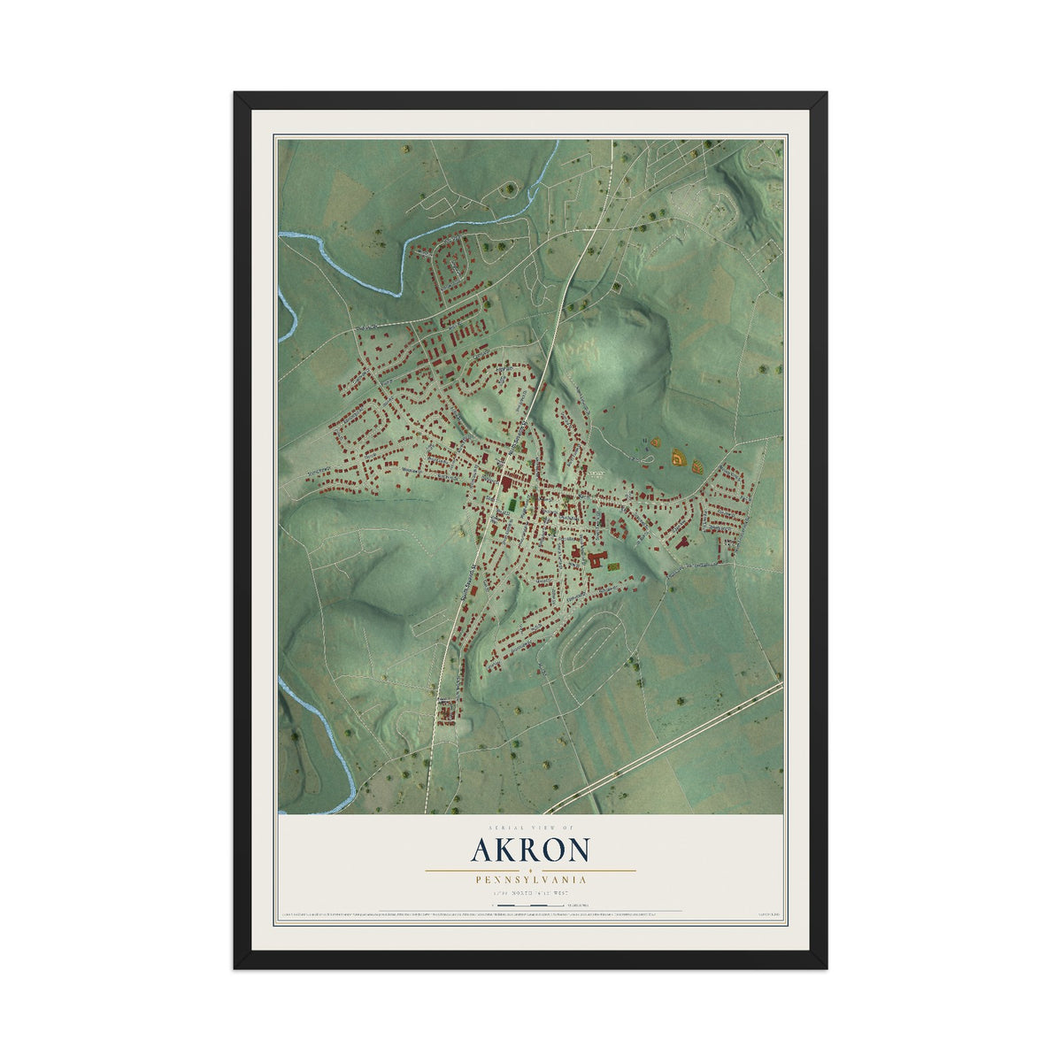 Map of Akron, Pennsylvania, 12 x 18 inch print in a black wood frame