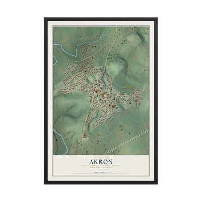 Map of Akron, Pennsylvania, 12 x 18 inch print in a black wood frame