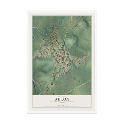 Map of Akron, Pennsylvania, 12 x 18 inch print in a white wood frame