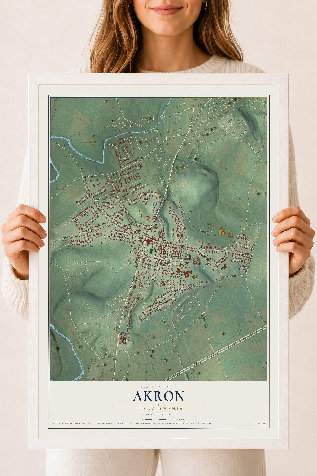 Map of Akron, Pennsylvania, 18 x 24 inch print in a white wood frame