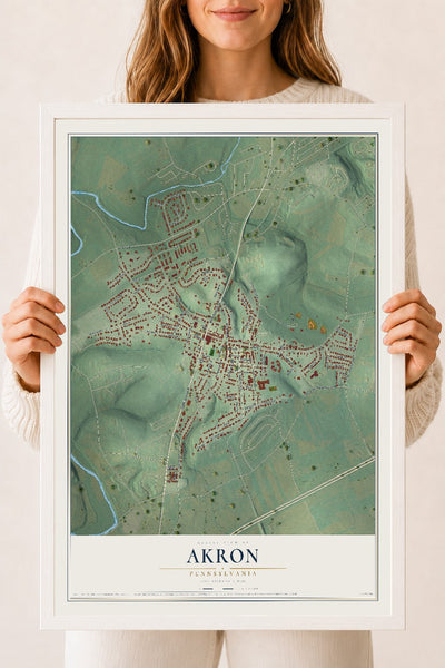 Map of Akron, Pennsylvania, 18 x 24 inch print in a white wood frame