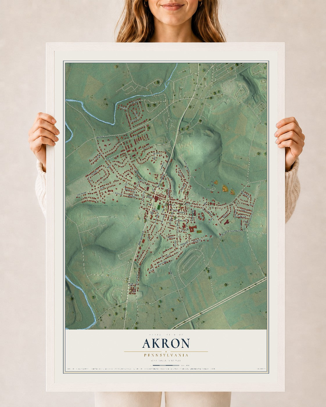 Map of Akron, Pennsylvania, 24 x 36 inch print in a white wood frame