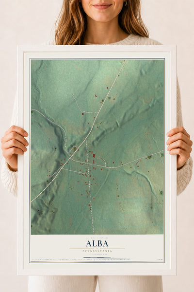 Map of Alba, Pennsylvania, 18 x 24 inch print in a white wood frame