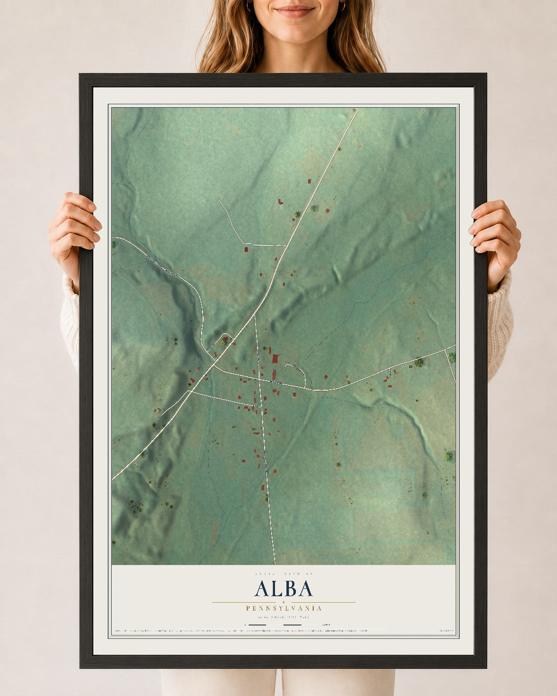 Map of Alba, Pennsylvania, 24 x 36 inch print in a black wood frame
