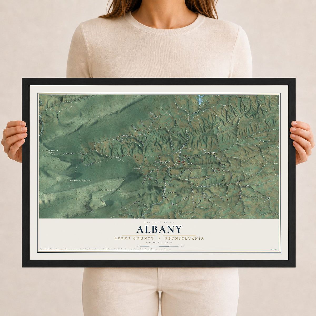 Map of Albany, Berks County, Pennsylvania, 12 x 18 inch print in a black wood frame