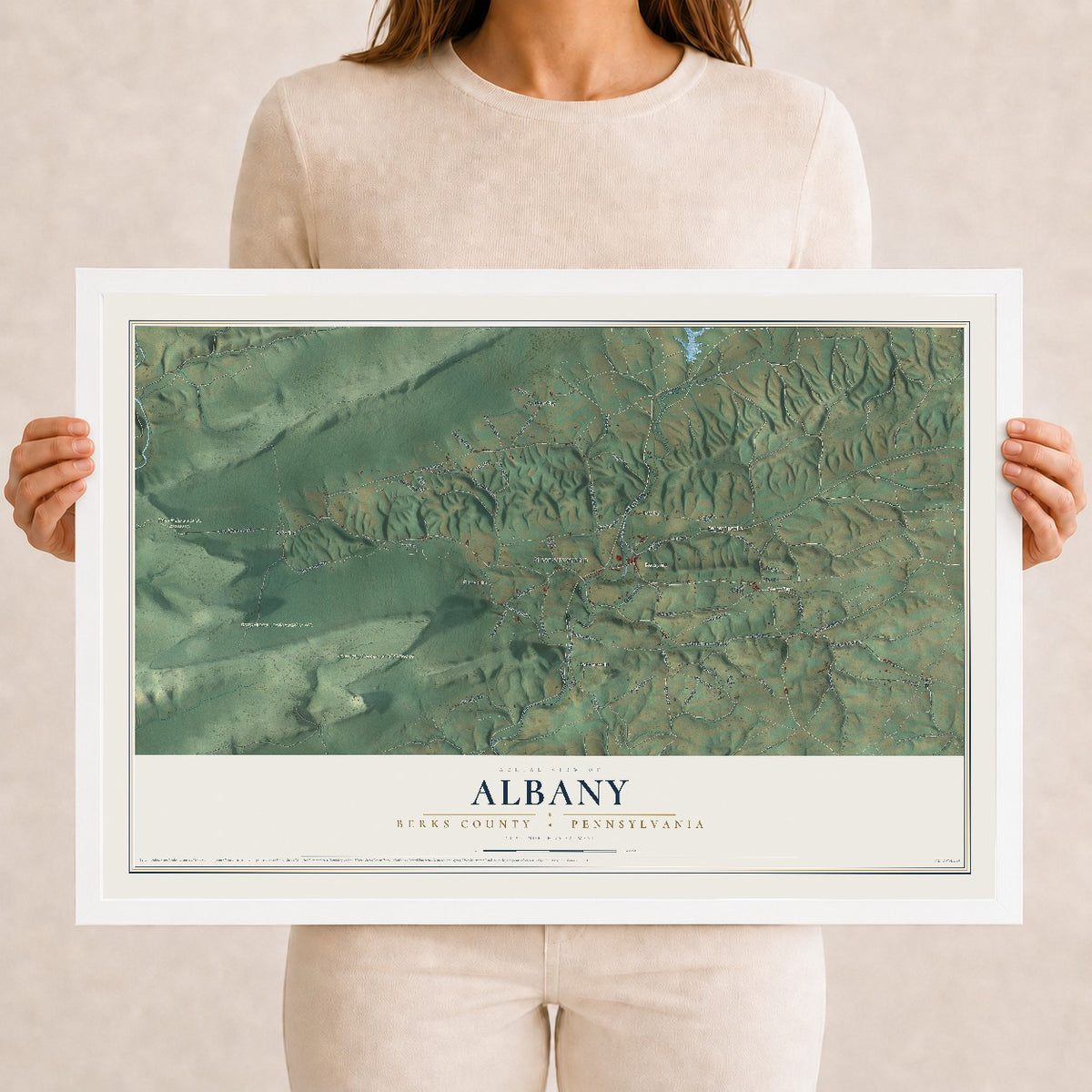 Map of Albany, Berks County, Pennsylvania, 12 x 18 inch print in a white wood frame