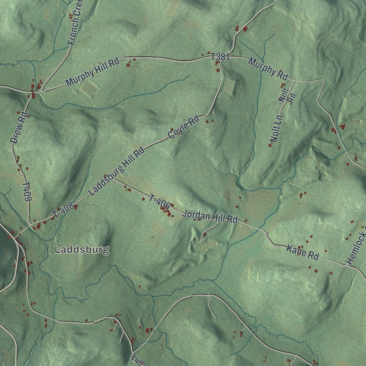 Second close-up of the map of Albany, Bradford County, Pennsylvania print showing more streets and buildings