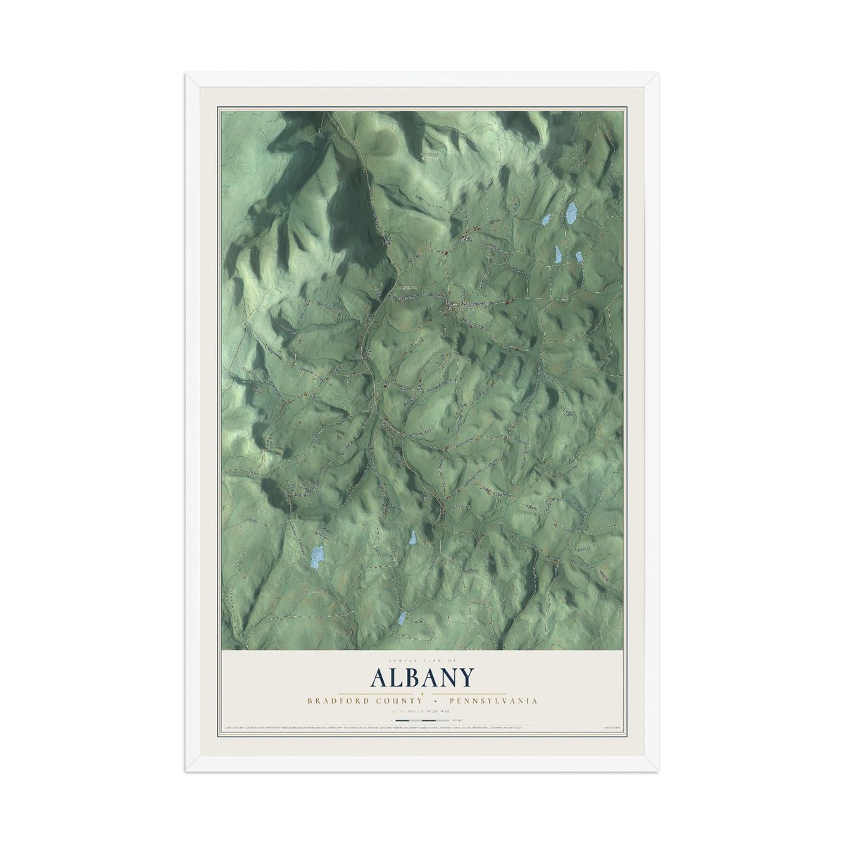 Map of Albany, Bradford County, Pennsylvania, 12 x 18 inch print in a white wood frame