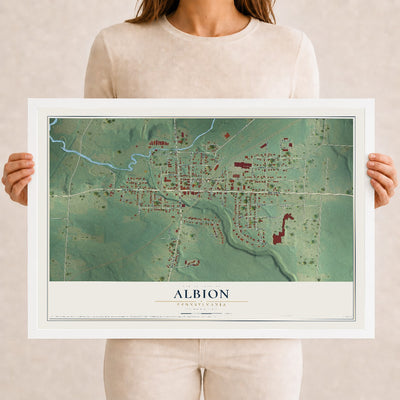 Map of Albion, Pennsylvania, 12 x 18 inch print in a white wood frame