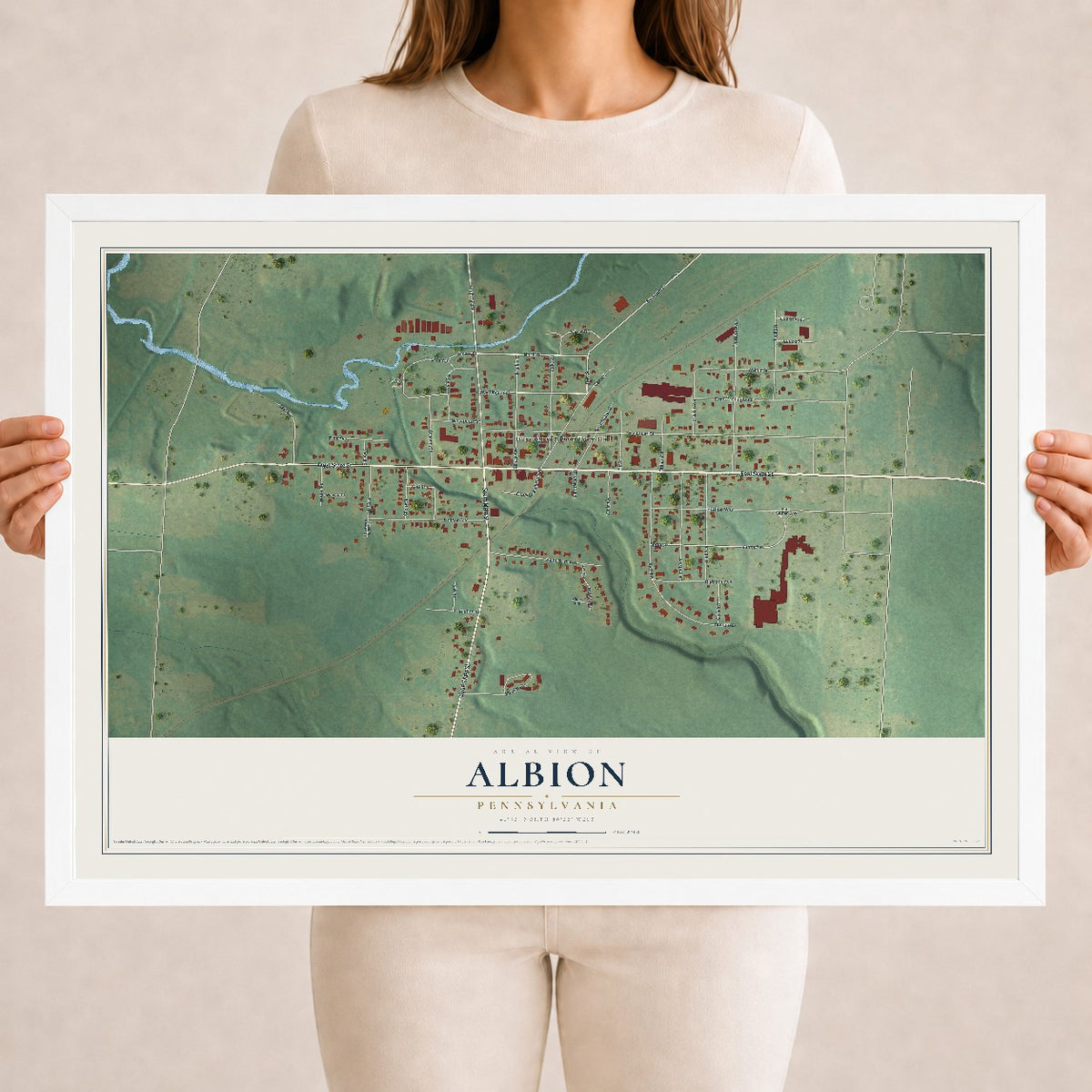 Map of Albion, Pennsylvania, 18 x 24 inch print in a white wood frame