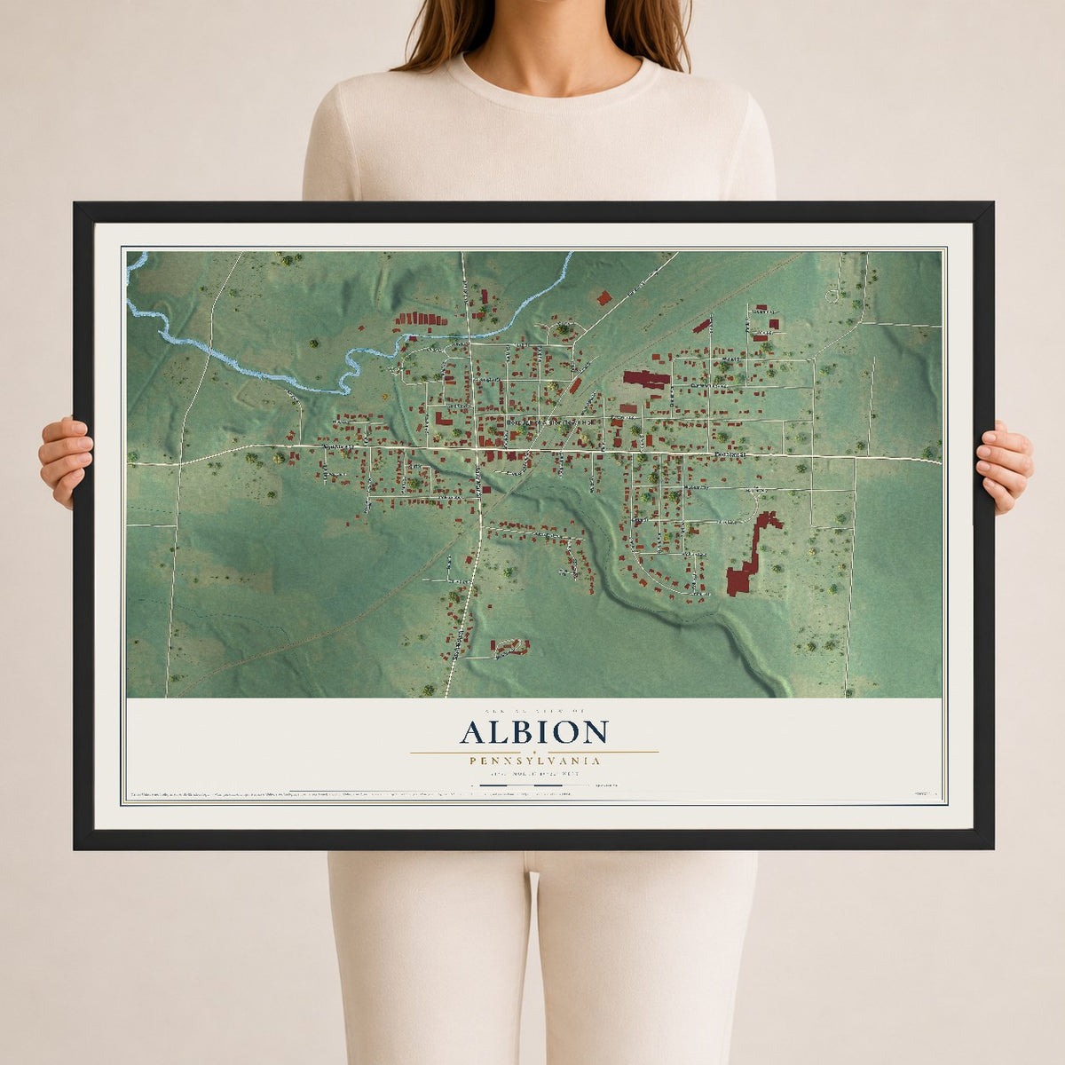 Map of Albion, Pennsylvania, 24 x 36 inch print in a black wood frame