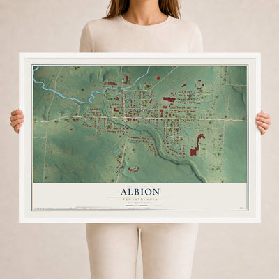 Map of Albion, Pennsylvania, 24 x 36 inch print in a white wood frame