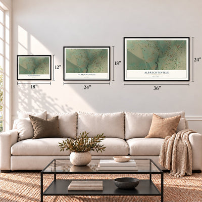 Albrightsville, Pennsylvania map in 12 x 18, 18 x 24 and 24 x 36 inch sizes above a sofa