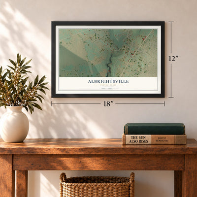 Albrightsville, Pennsylvania map, 12 x 18 inch print in a black frame in an entryway