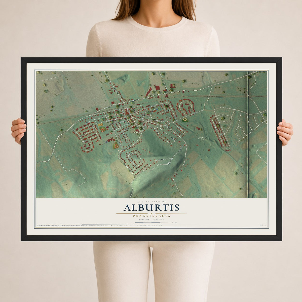 Map of Alburtis, Pennsylvania, 24 x 36 inch print in a black wood frame