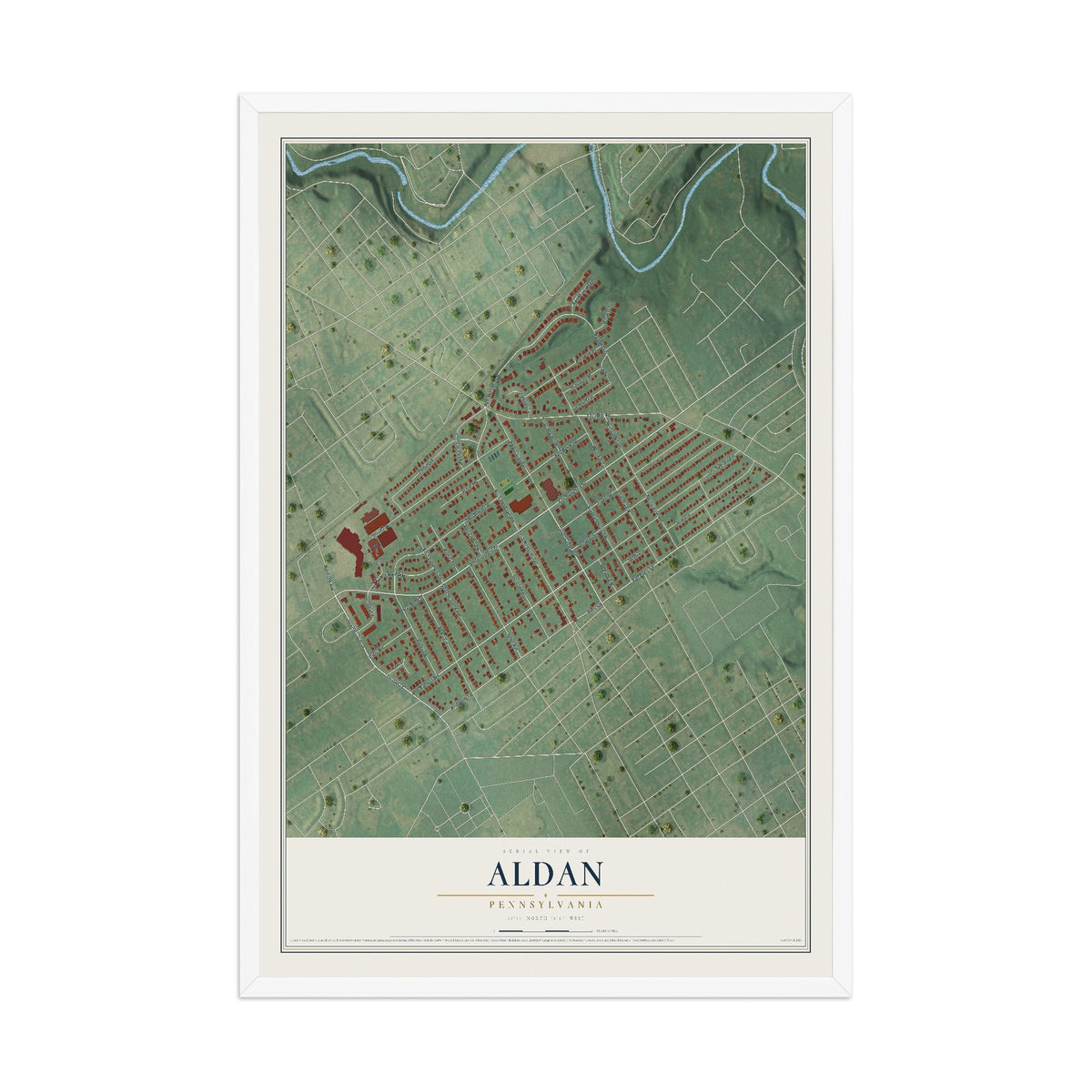 Map of Aldan, Pennsylvania, 12 x 18 inch print in a white wood frame