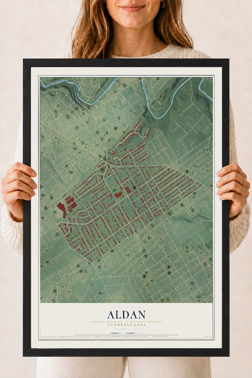Map of Aldan, Pennsylvania, 18 x 24 inch print in a black wood frame