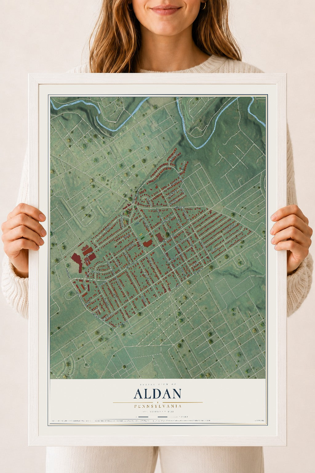 Map of Aldan, Pennsylvania, 18 x 24 inch print in a white wood frame