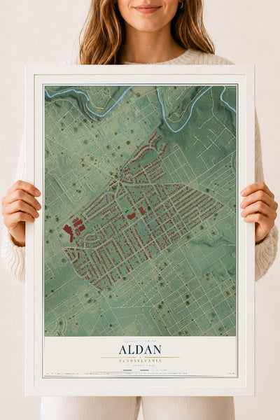 Map of Aldan, Pennsylvania, 18 x 24 inch print in a white wood frame