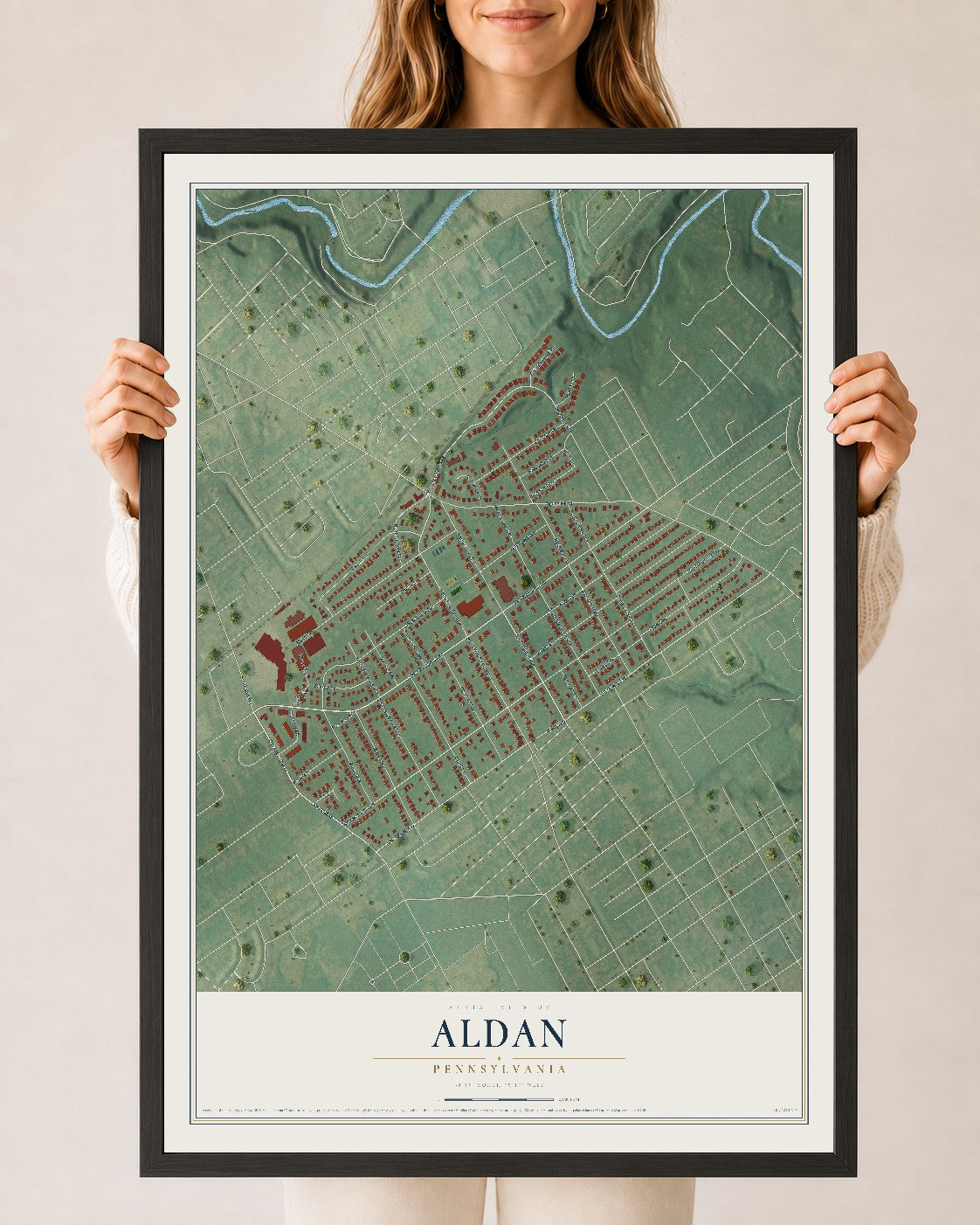 Map of Aldan, Pennsylvania, 24 x 36 inch print in a black wood frame