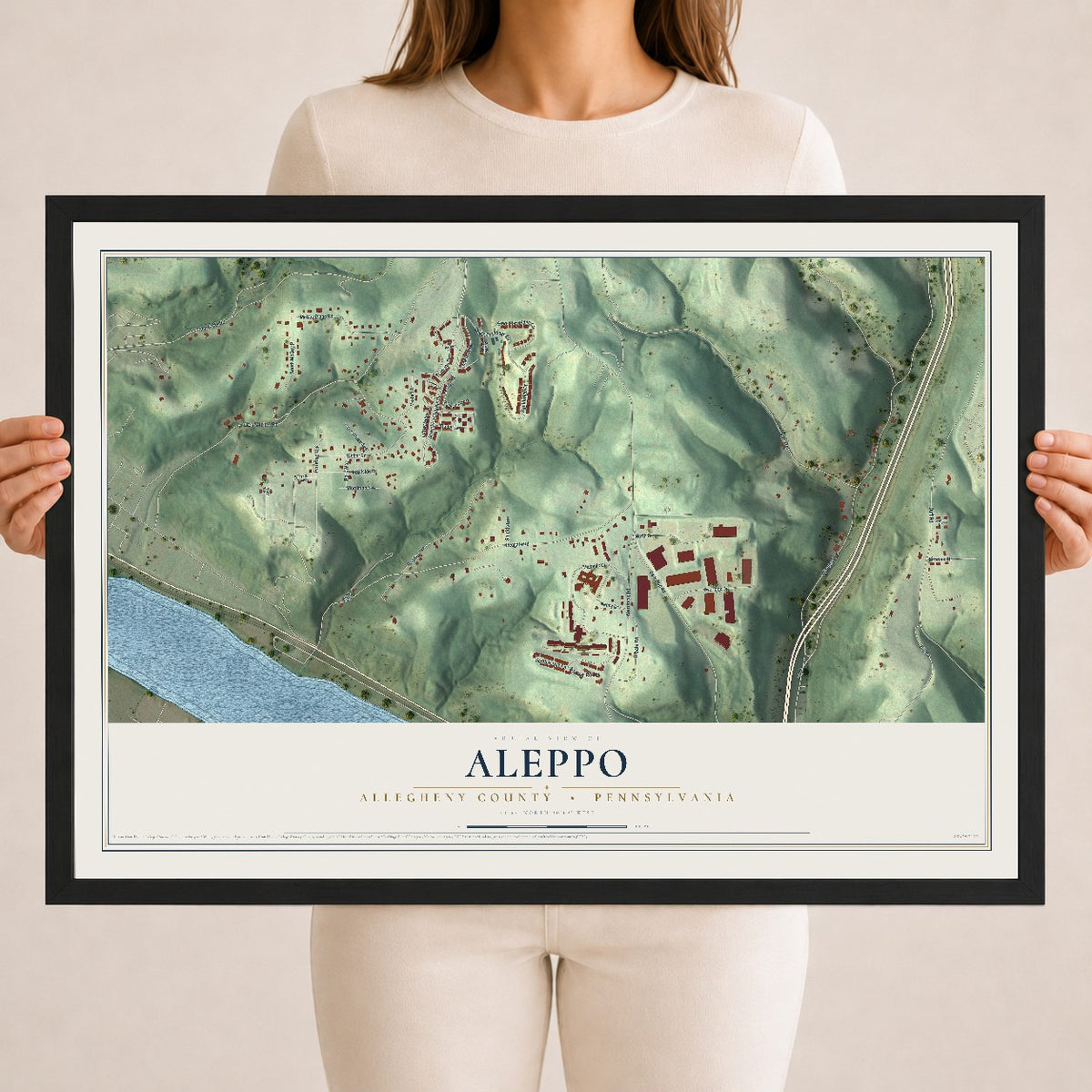 Map of Aleppo, Allegheny County, Pennsylvania, 18 x 24 inch print in a black wood frame