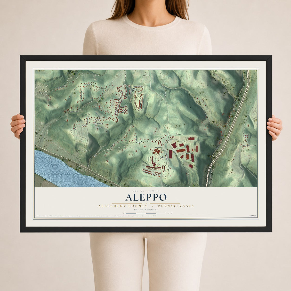 Map of Aleppo, Allegheny County, Pennsylvania, 24 x 36 inch print in a black wood frame