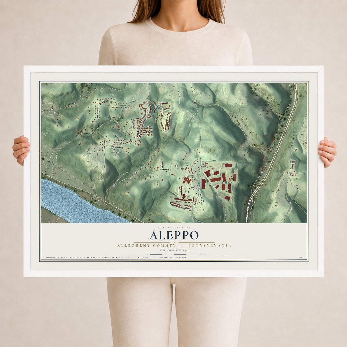Map of Aleppo, Allegheny County, Pennsylvania, 24 x 36 inch print in a white wood frame