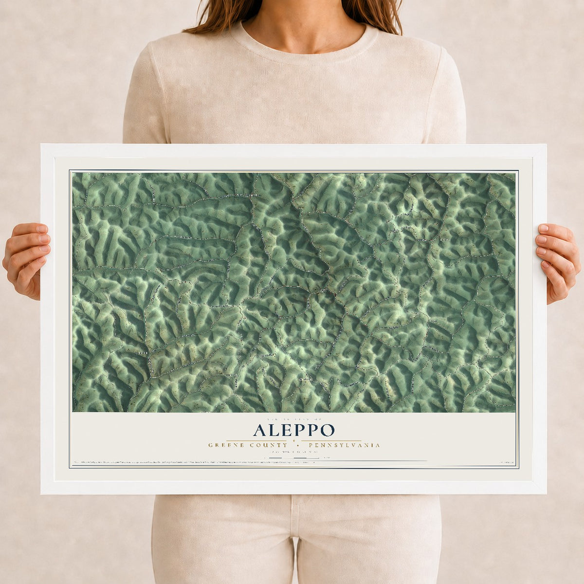 Map of Aleppo, Greene County, Pennsylvania, 12 x 18 inch print in a white wood frame
