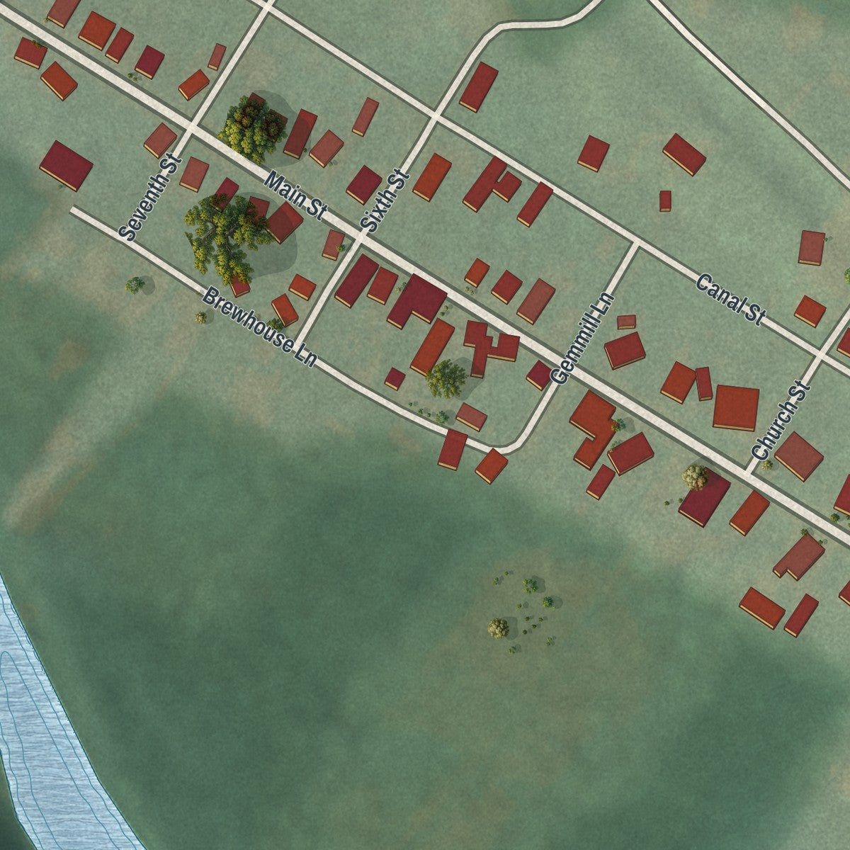 Second close-up of the map of Alexandria, Pennsylvania print showing more streets and buildings