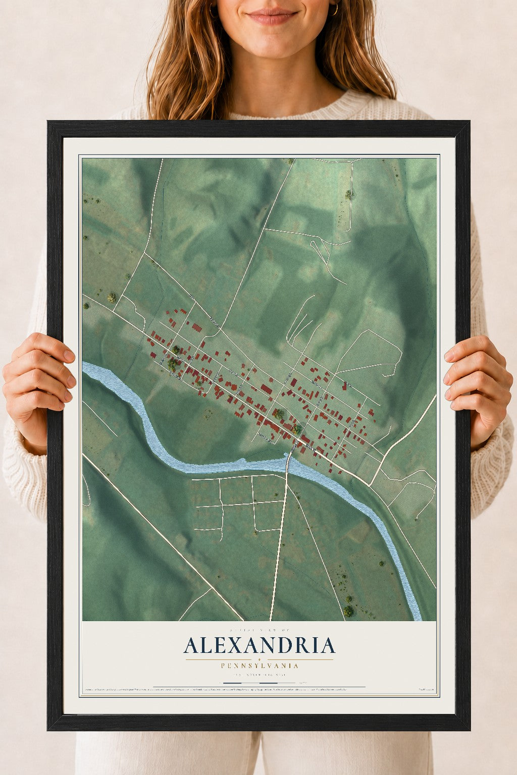 Map of Alexandria, Pennsylvania, 18 x 24 inch print in a black wood frame