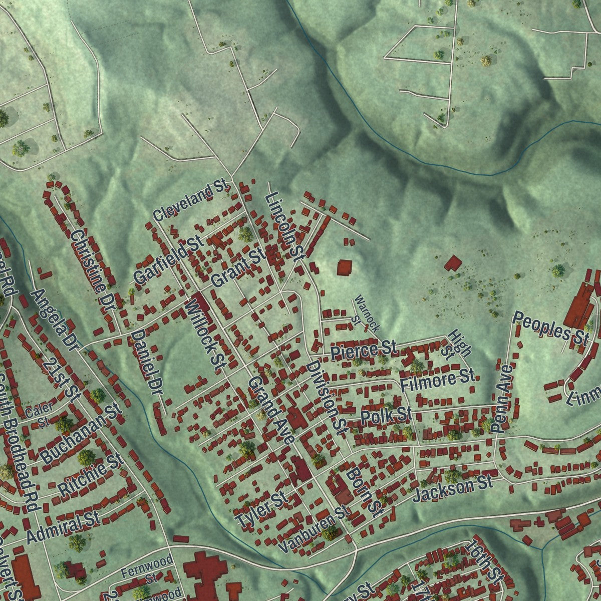Close-up of the map of Aliquippa, Pennsylvania print showing street and building detail