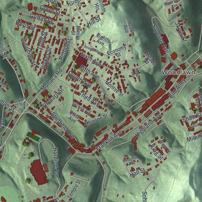 Second close-up of the map of Aliquippa, Pennsylvania print showing more streets and buildings