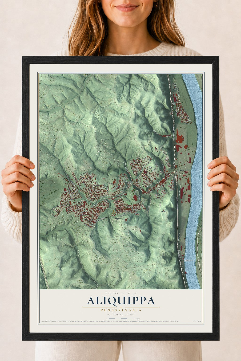 Map of Aliquippa, Pennsylvania, 18 x 24 inch print in a black wood frame