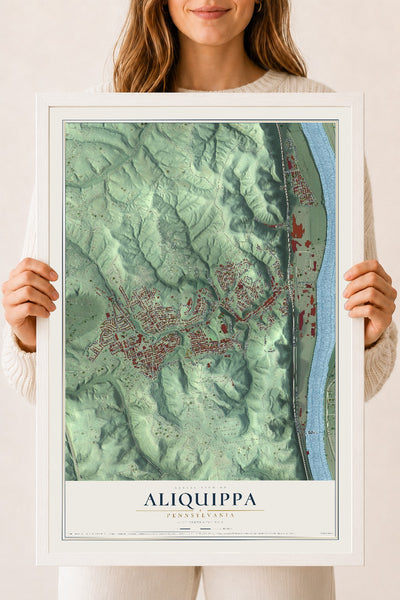 Map of Aliquippa, Pennsylvania, 18 x 24 inch print in a white wood frame
