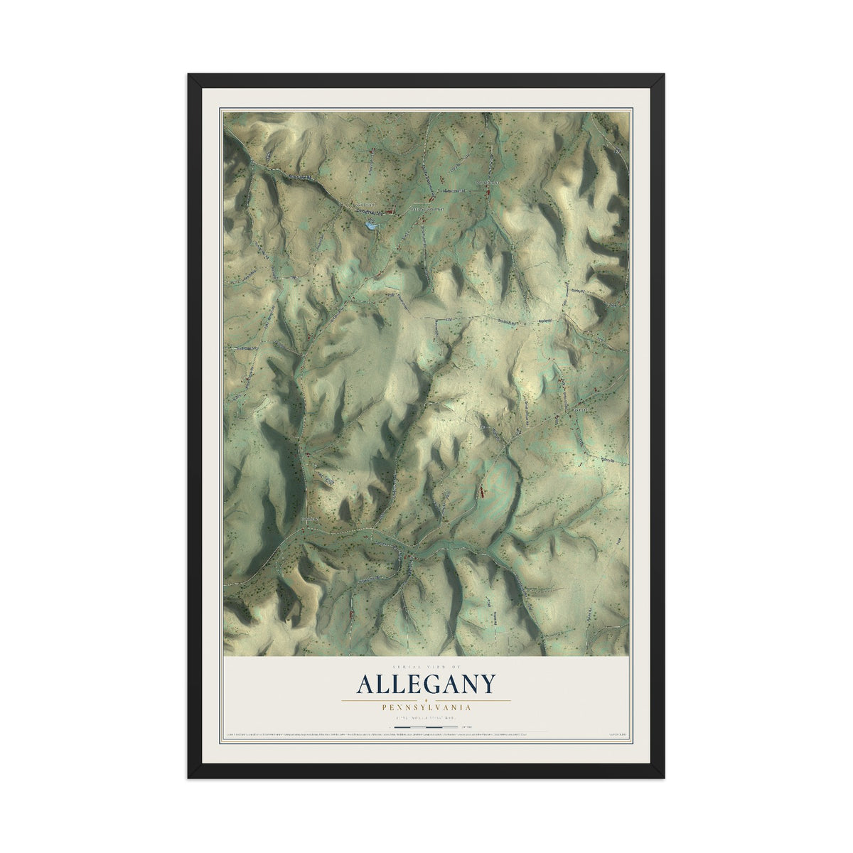 Map of Allegany, Pennsylvania, 12 x 18 inch print in a black wood frame