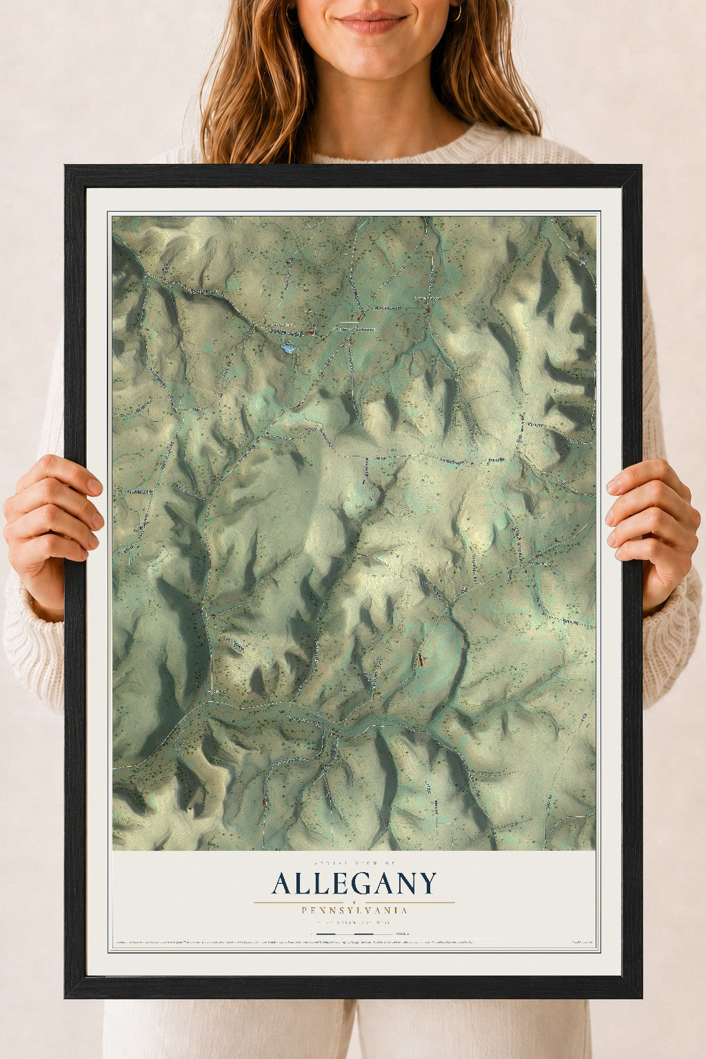 Map of Allegany, Pennsylvania, 18 x 24 inch print in a black wood frame