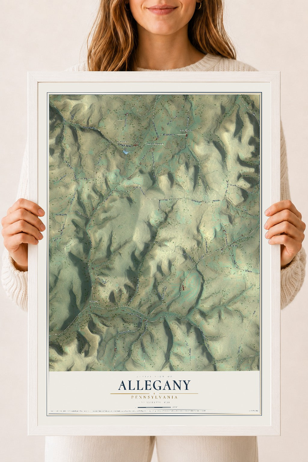Map of Allegany, Pennsylvania, 18 x 24 inch print in a white wood frame