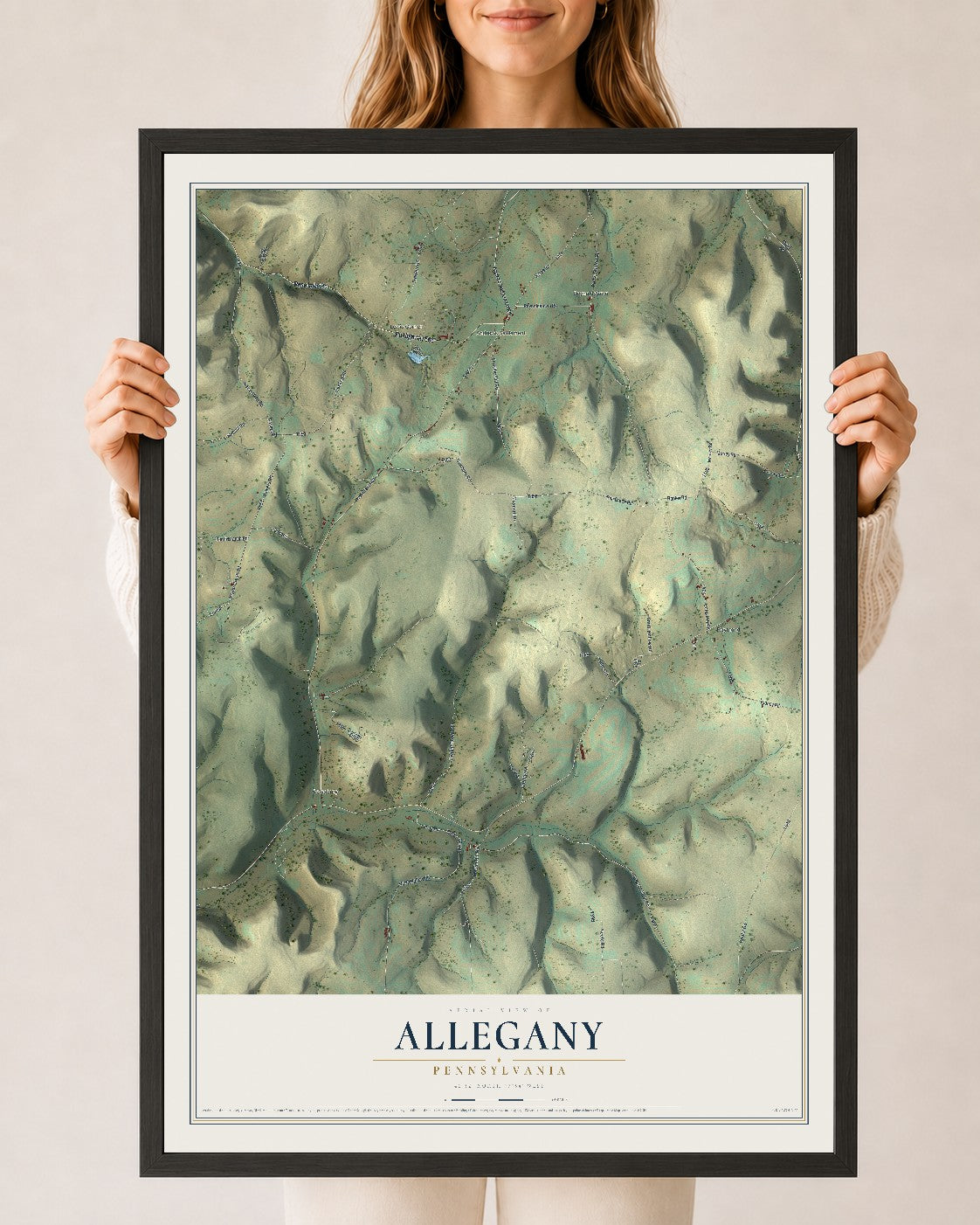Map of Allegany, Pennsylvania, 24 x 36 inch print in a black wood frame