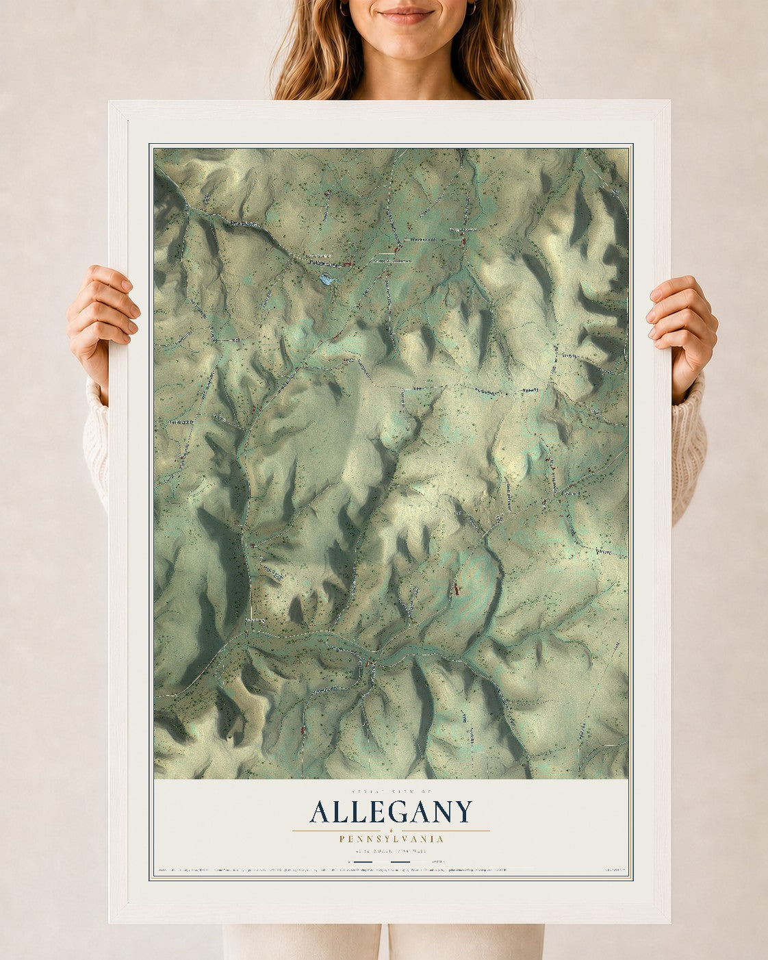 Map of Allegany, Pennsylvania, 24 x 36 inch print in a white wood frame