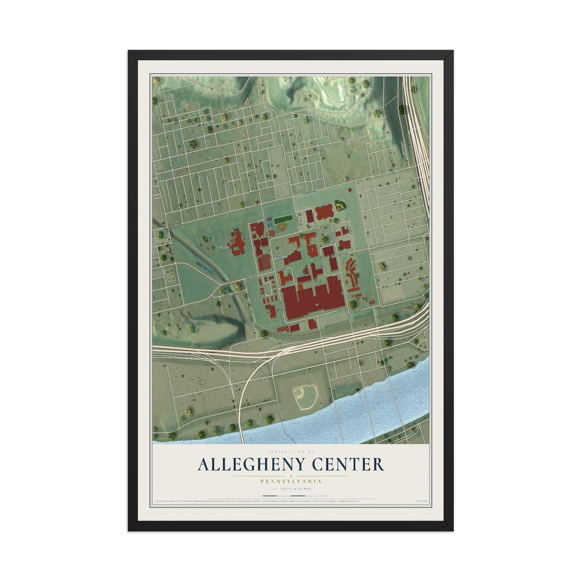 Map of Allegheny Center, Pennsylvania, 12 x 18 inch print in a black wood frame
