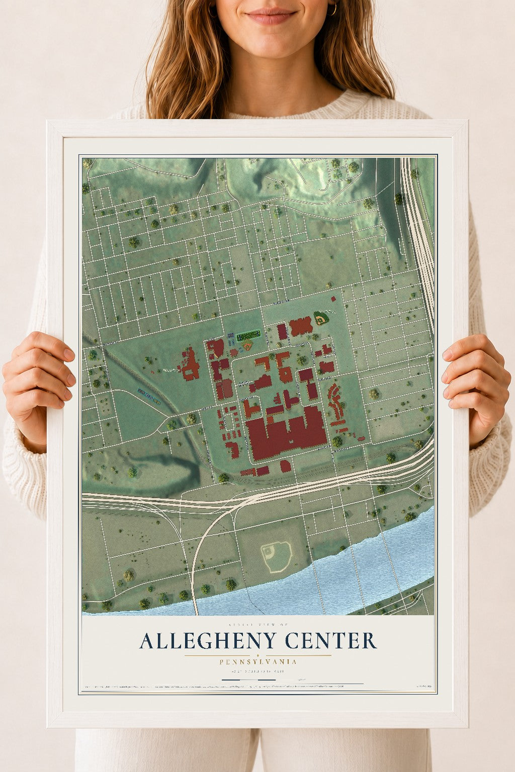 Map of Allegheny Center, Pennsylvania, 18 x 24 inch print in a white wood frame