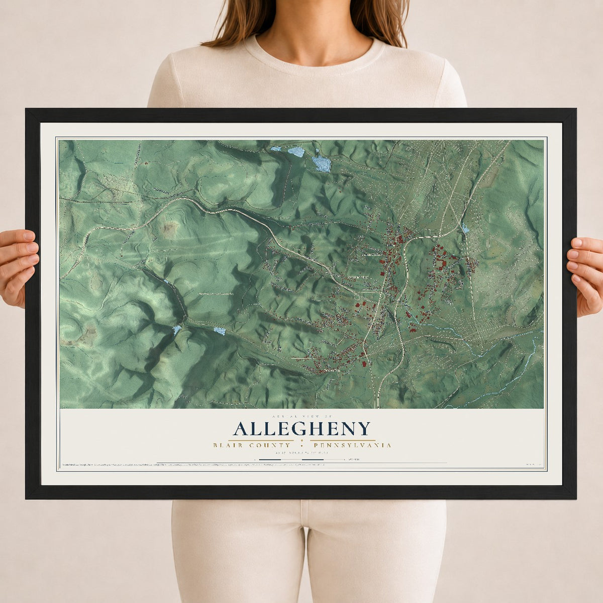 Map of Allegheny, Blair County, Pennsylvania, 18 x 24 inch print in a black wood frame