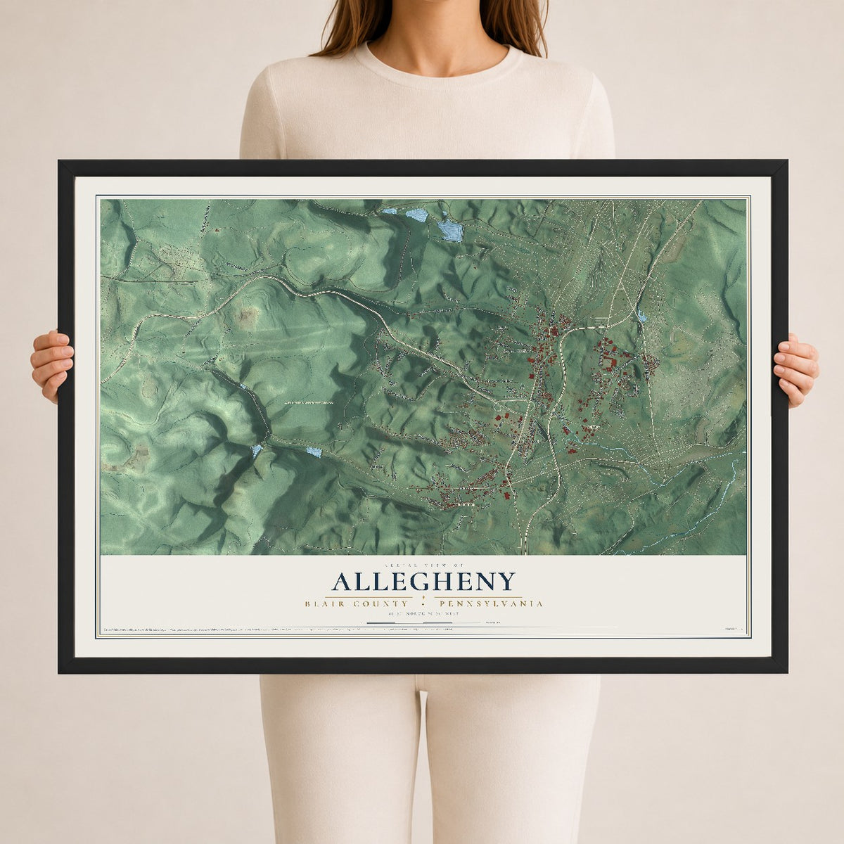 Map of Allegheny, Blair County, Pennsylvania, 24 x 36 inch print in a black wood frame