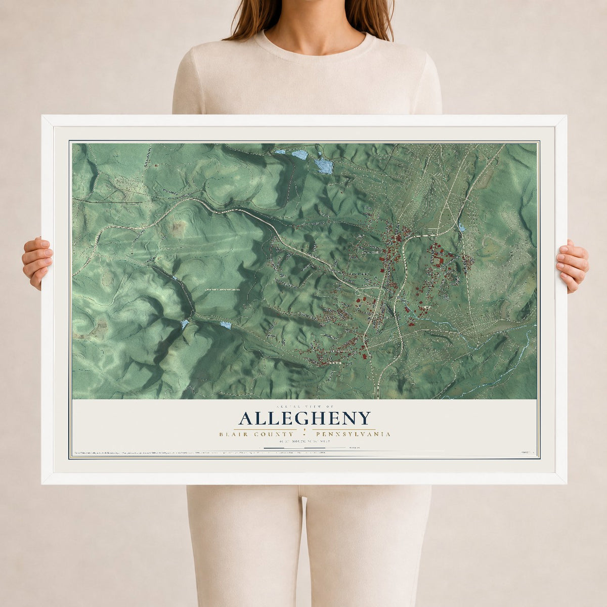 Map of Allegheny, Blair County, Pennsylvania, 24 x 36 inch print in a white wood frame