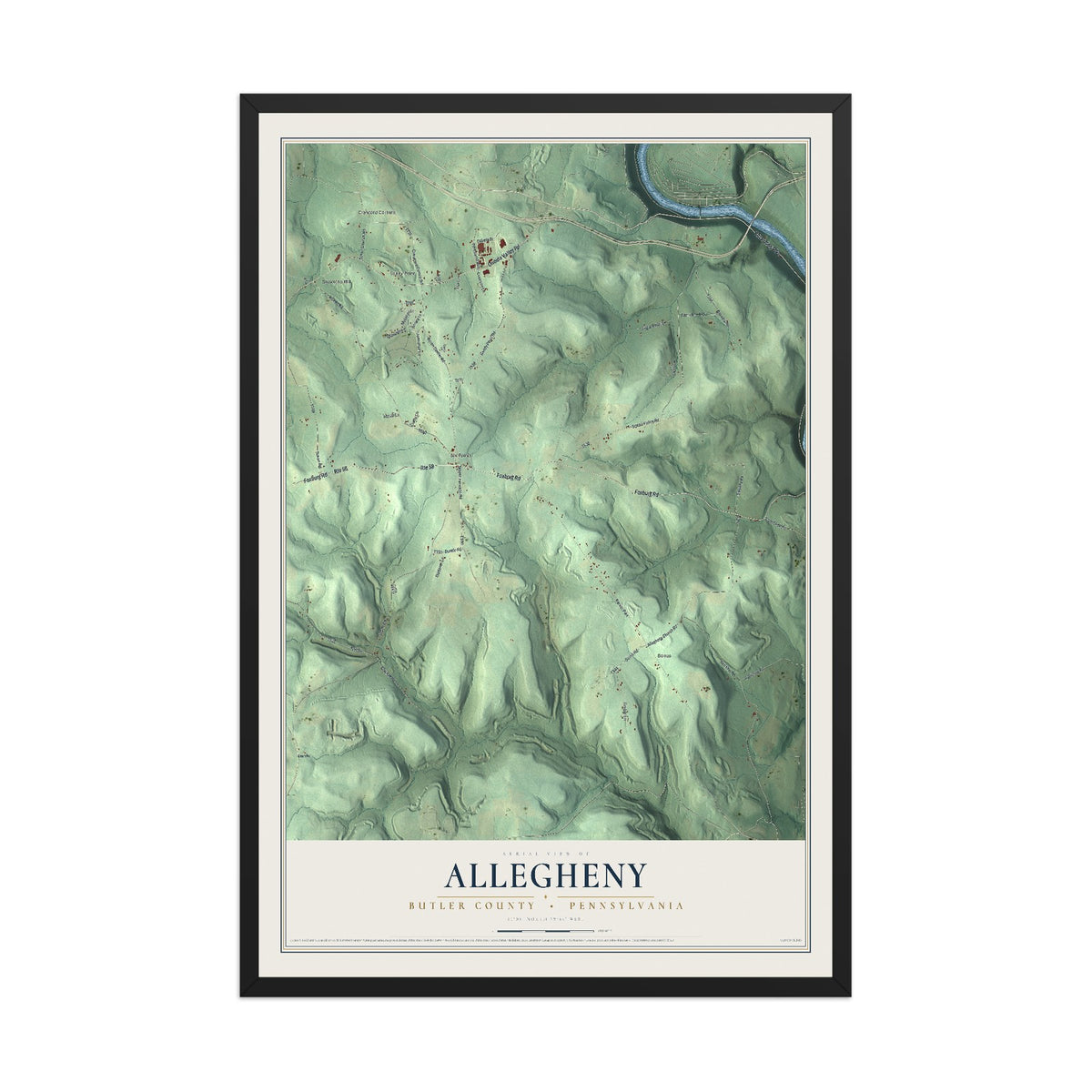 Map of Allegheny, Butler County, Pennsylvania, 12 x 18 inch print in a black wood frame
